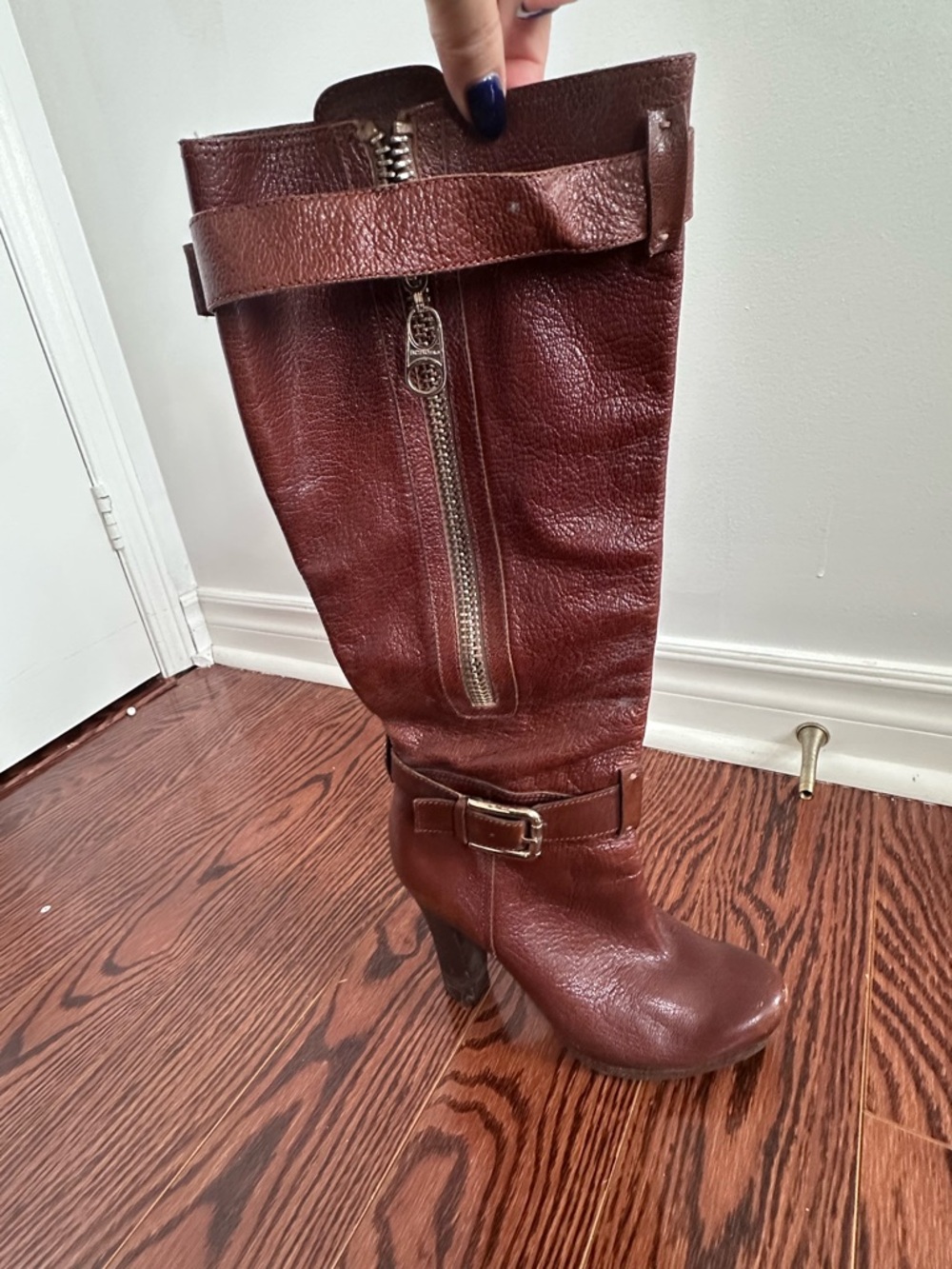 BCBG Brown Leather Mid-Calf Heeled Boots